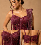 Maroon Ready-to-Wear Drape Saree with Heavy Hand Embroidered Blouse, Designer Cocktail Saree, Imported Fabric