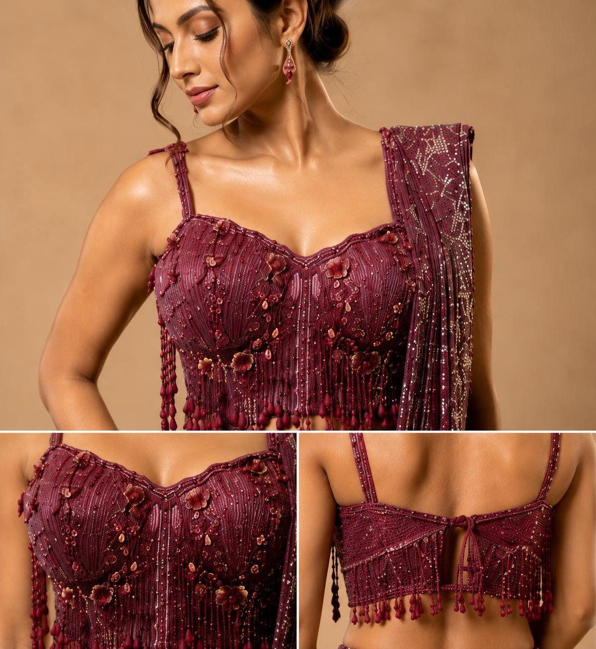 Maroon Ready-to-Wear Drape Saree with Heavy Hand Embroidered Blouse, Designer Cocktail Saree, Imported Fabric
