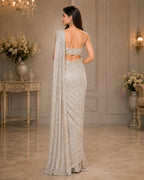 White Ready-to-Wear Drape Saree with Heavy Hand Embroidered Blouse, Designer Cocktail Saree, Imported Fabric