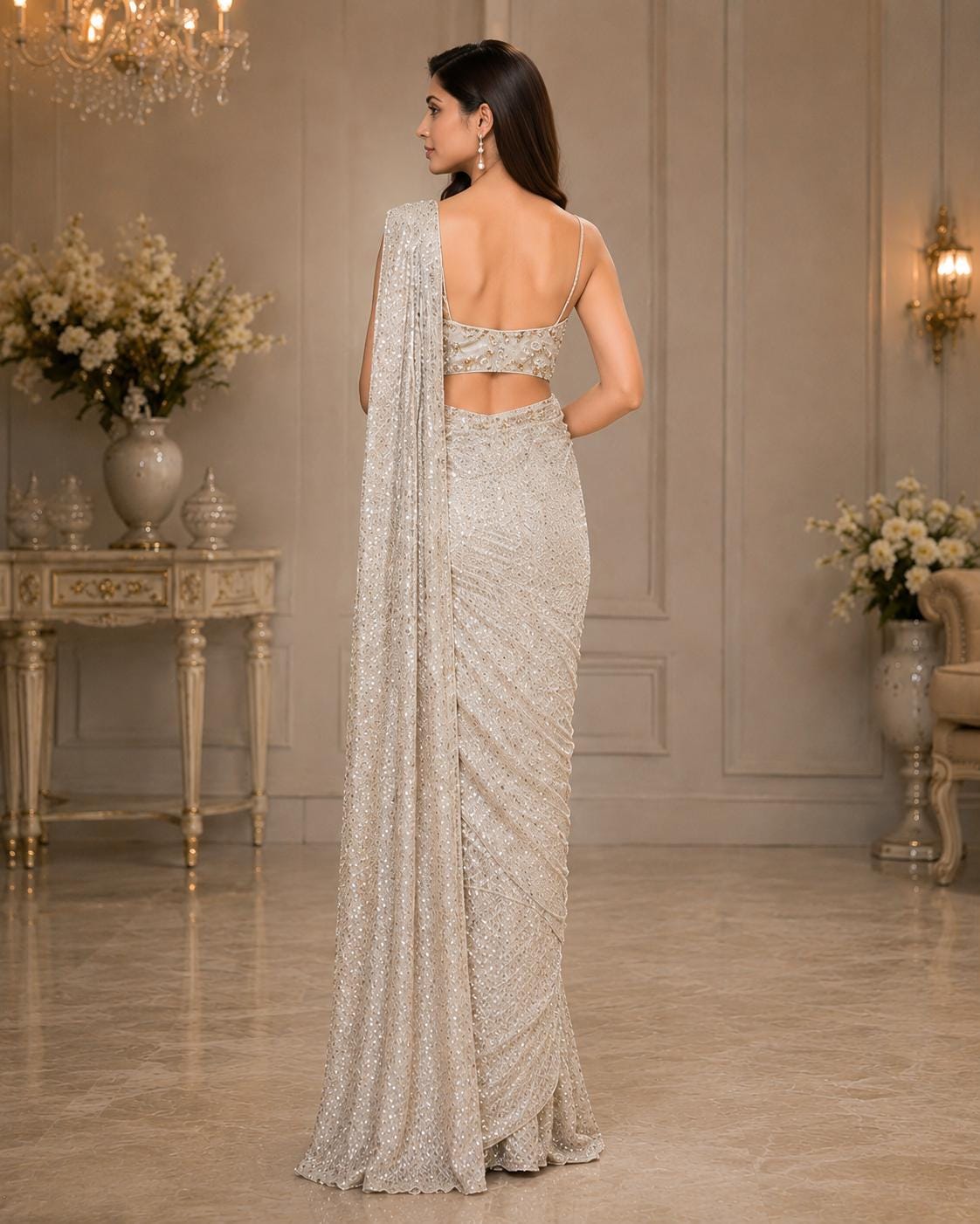 White Ready-to-Wear Drape Saree with Heavy Hand Embroidered Blouse, Designer Cocktail Saree, Imported Fabric