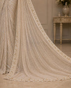 White Ready-to-Wear Drape Saree with Heavy Hand Embroidered Blouse, Designer Cocktail Saree, Imported Fabric