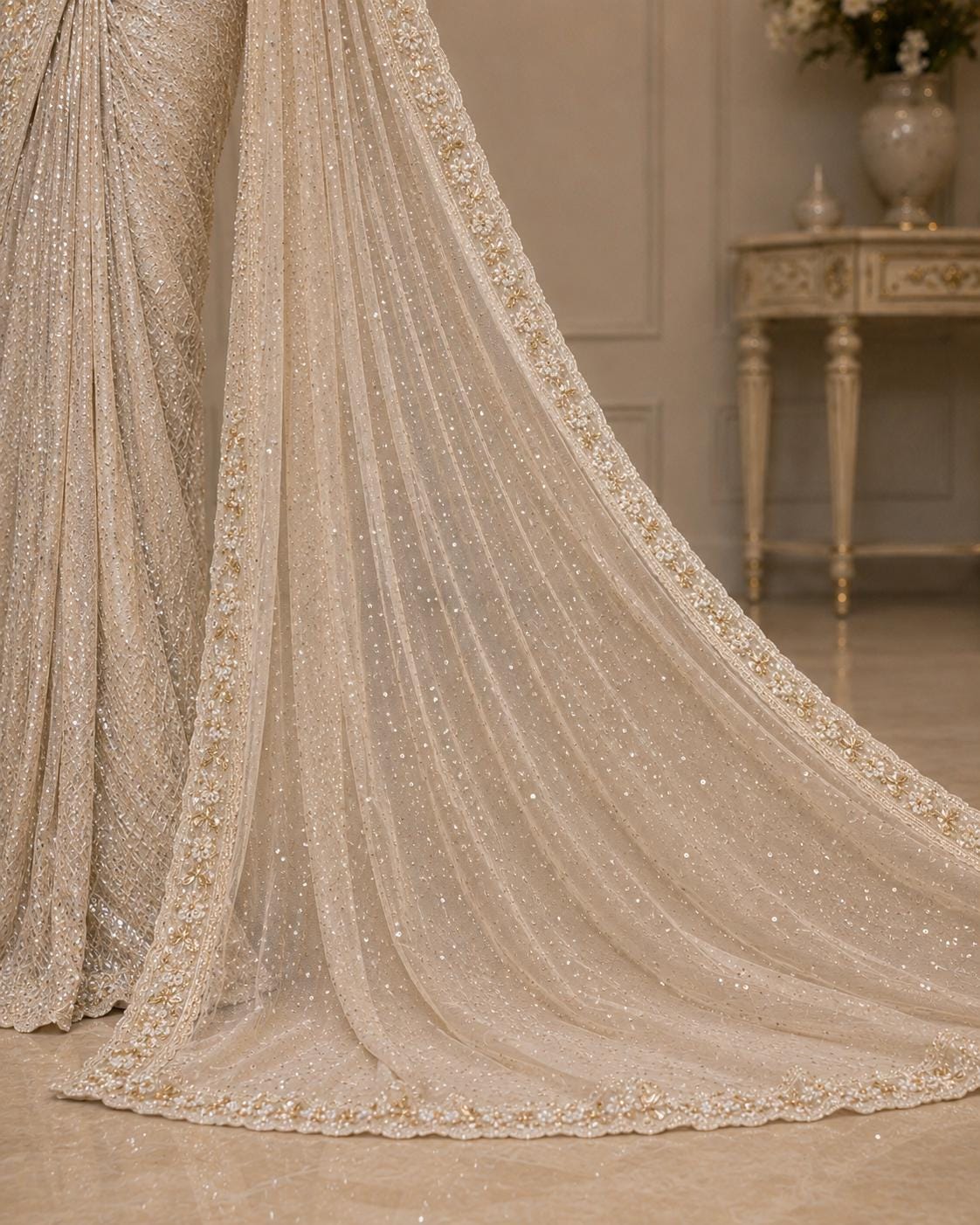White Ready-to-Wear Drape Saree with Heavy Hand Embroidered Blouse, Designer Cocktail Saree, Imported Fabric