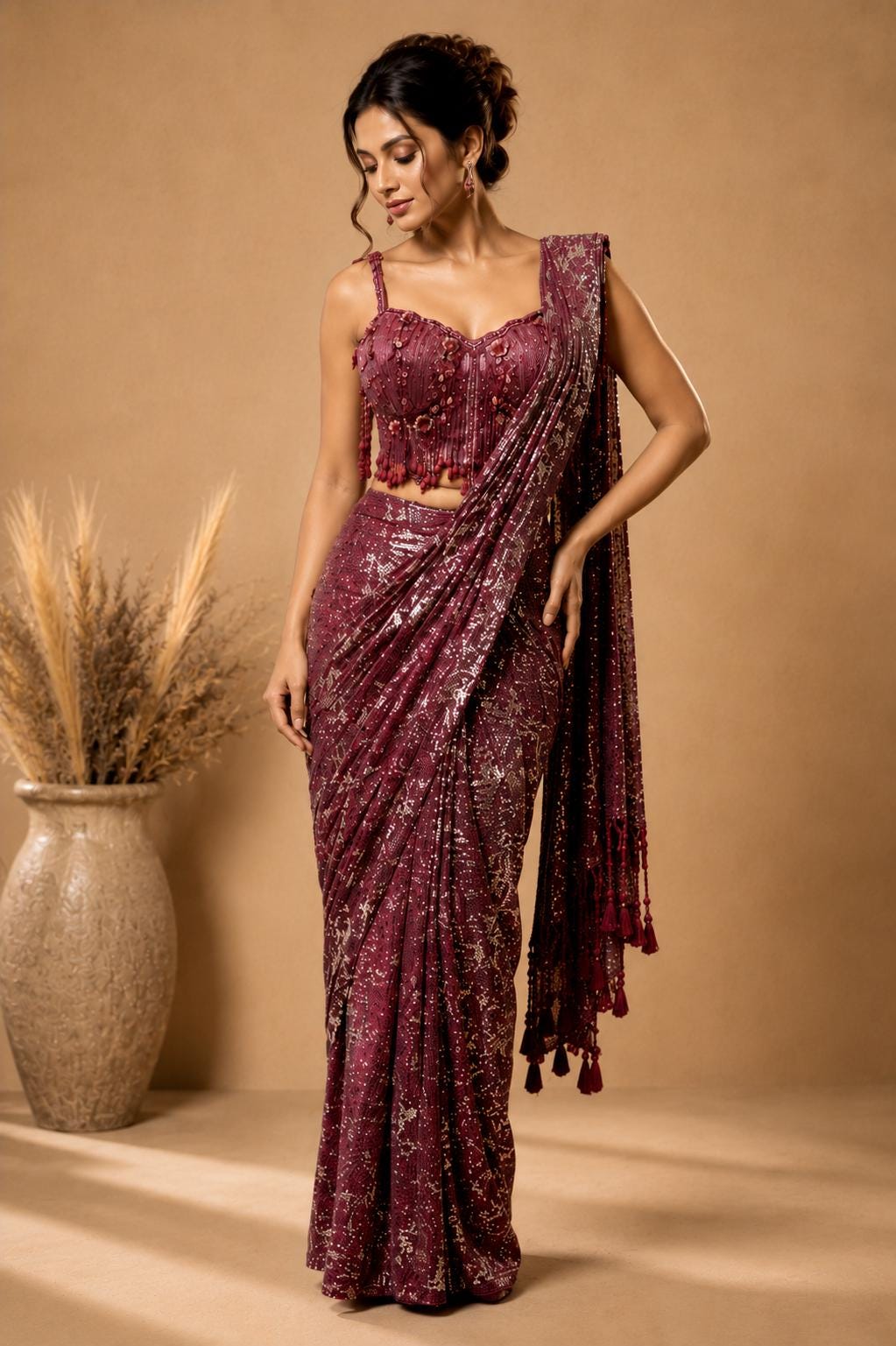 Maroon Ready-to-Wear Drape Saree with Heavy Hand Embroidered Blouse, Designer Cocktail Saree, Imported Fabric