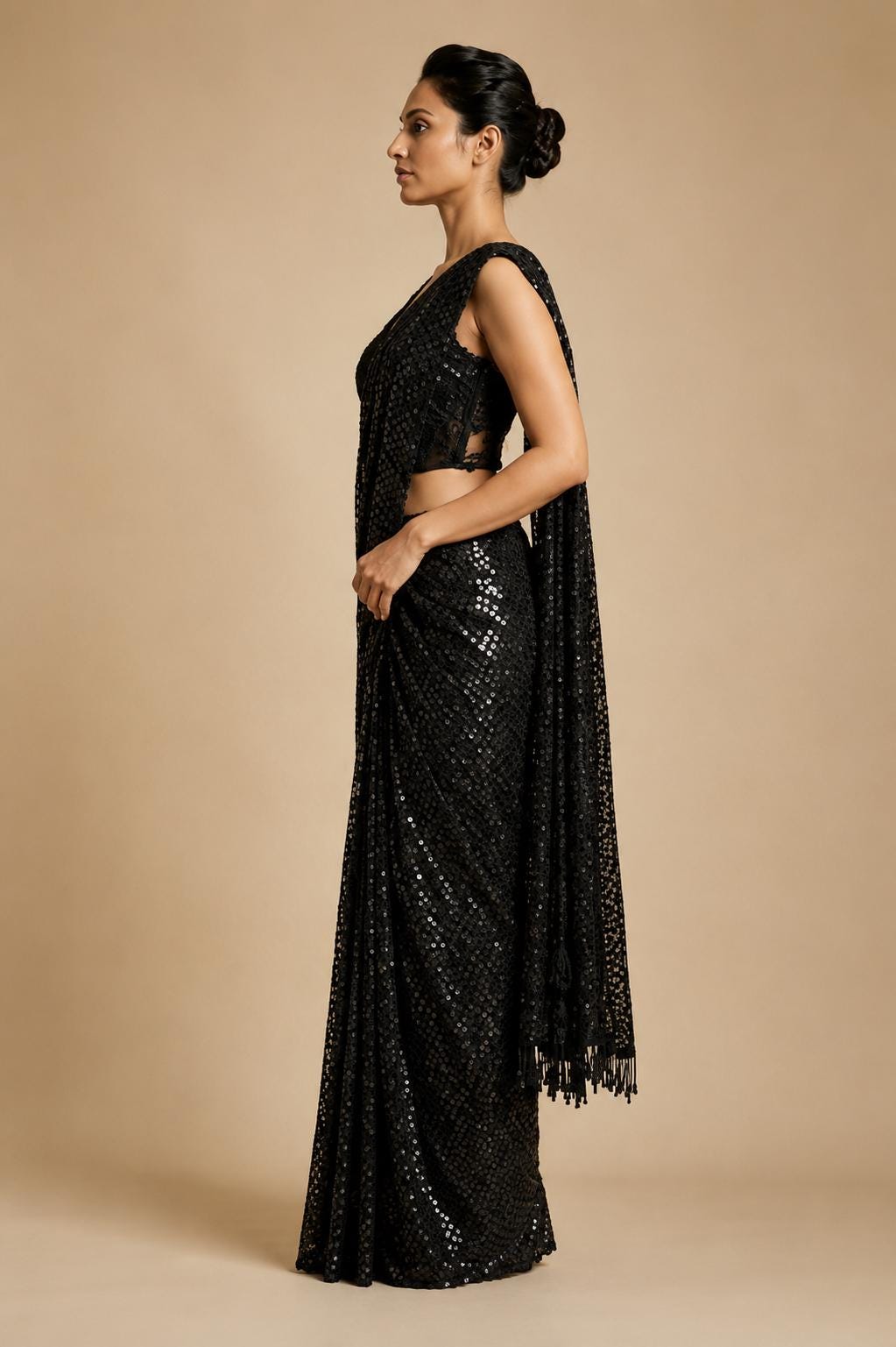 Black Ready-to-Wear Drape Saree with Heavy Hand Embroidered Blouse, Designer Cocktail Saree, Imported Fabric