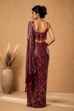 Maroon Ready-to-Wear Drape Saree with Heavy Hand Embroidered Blouse, Designer Cocktail Saree, Imported Fabric