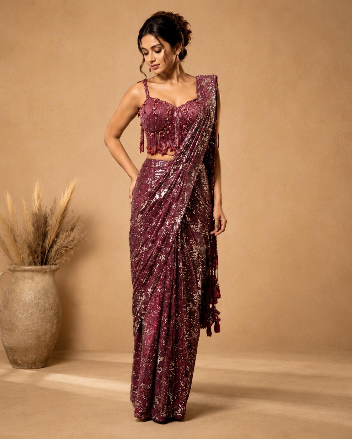 Maroon Ready-to-Wear Drape Saree with Heavy Hand Embroidered Blouse, Designer Cocktail Saree, Imported Fabric
