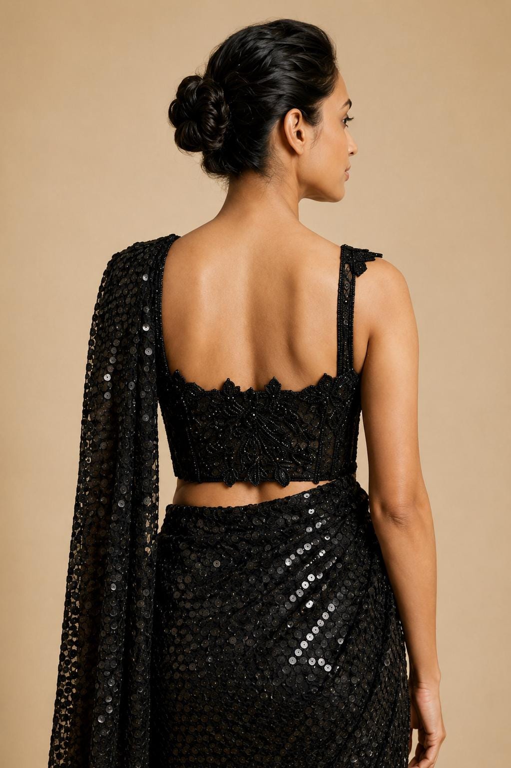 Black Ready-to-Wear Drape Saree with Heavy Hand Embroidered Blouse, Designer Cocktail Saree, Imported Fabric