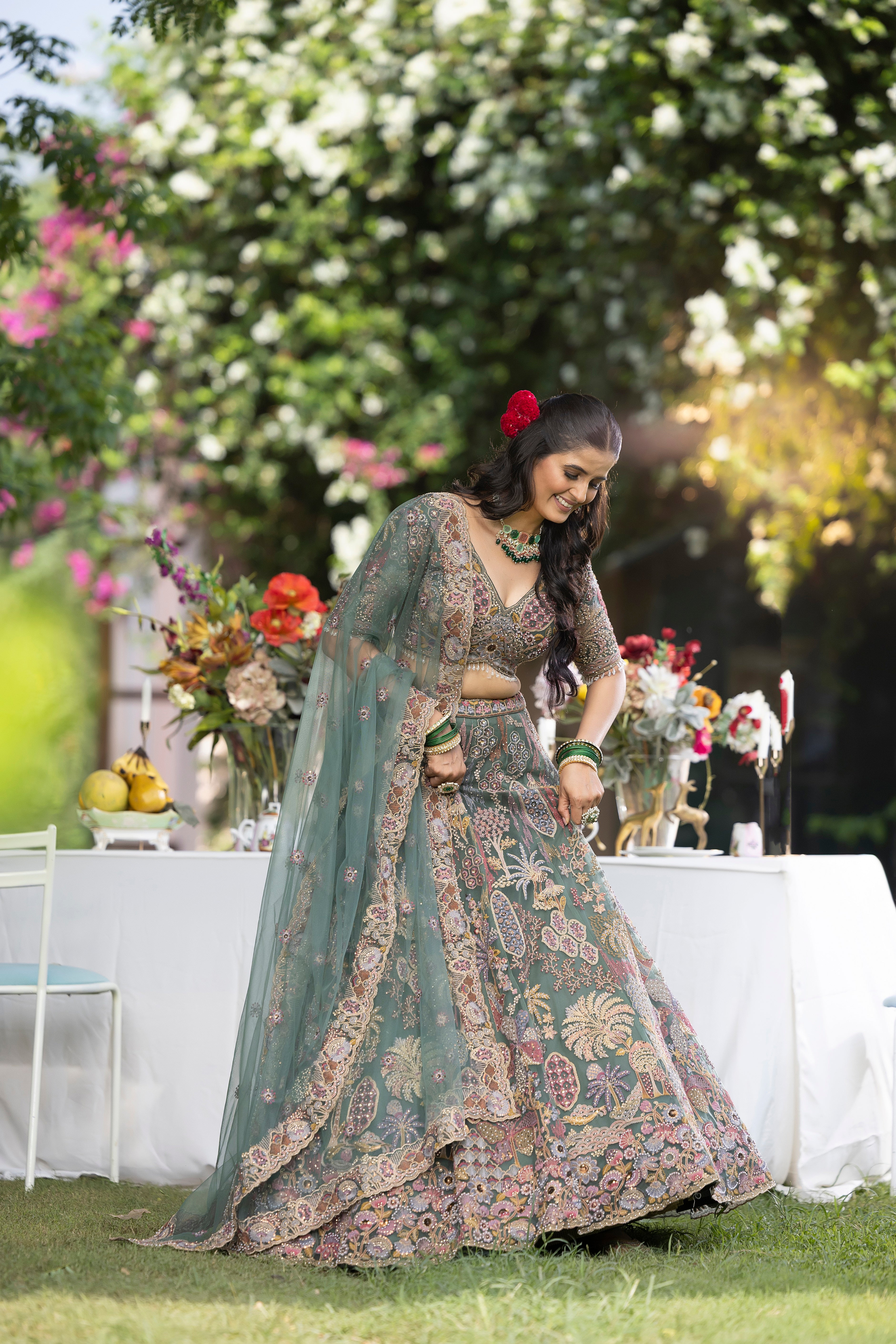 Sage Teal Pastel Floral Hand-Embroidered Couture Lehenga