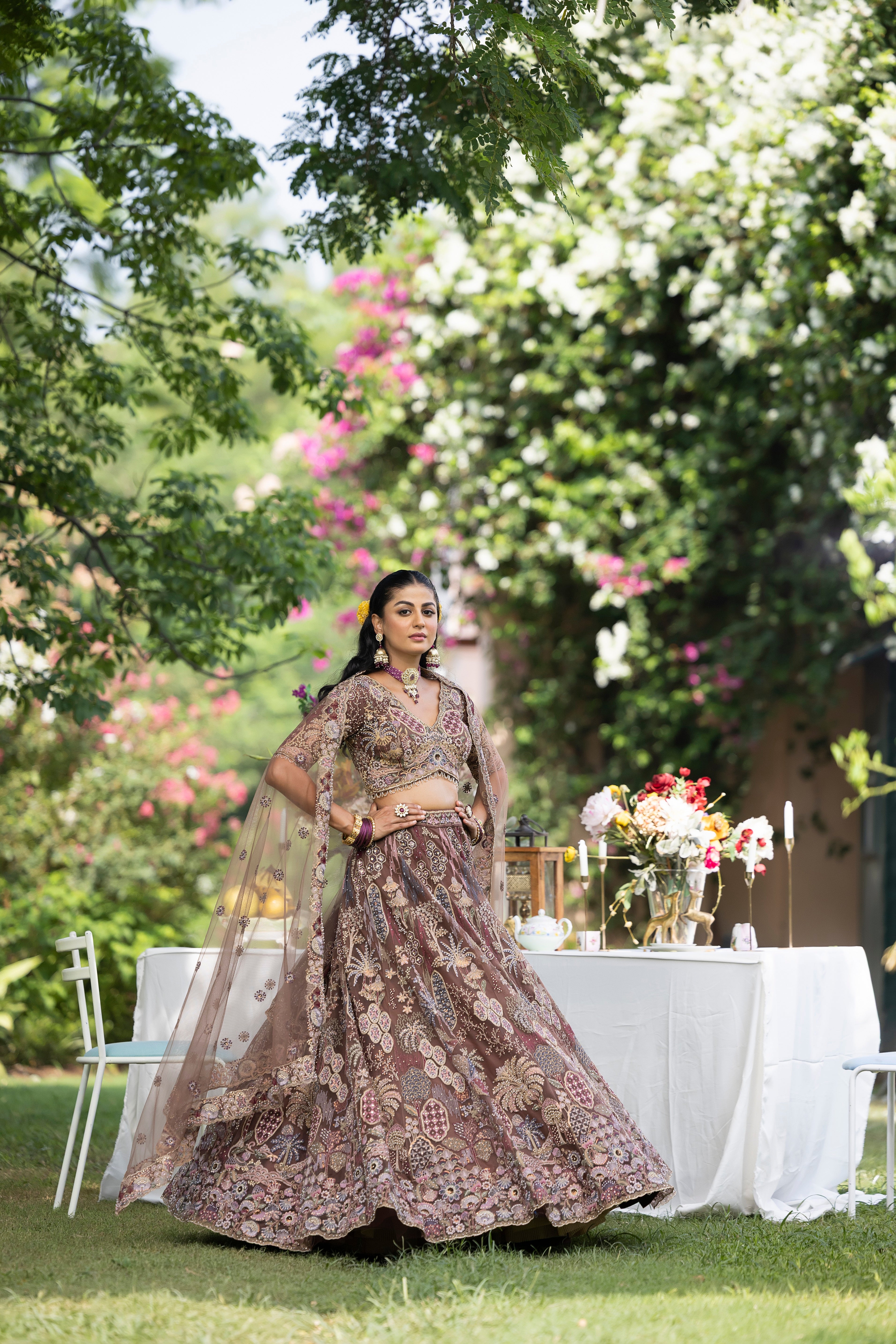 Luxury Brown Net Lehenga with Paisley & Floral Multi-Thread Work